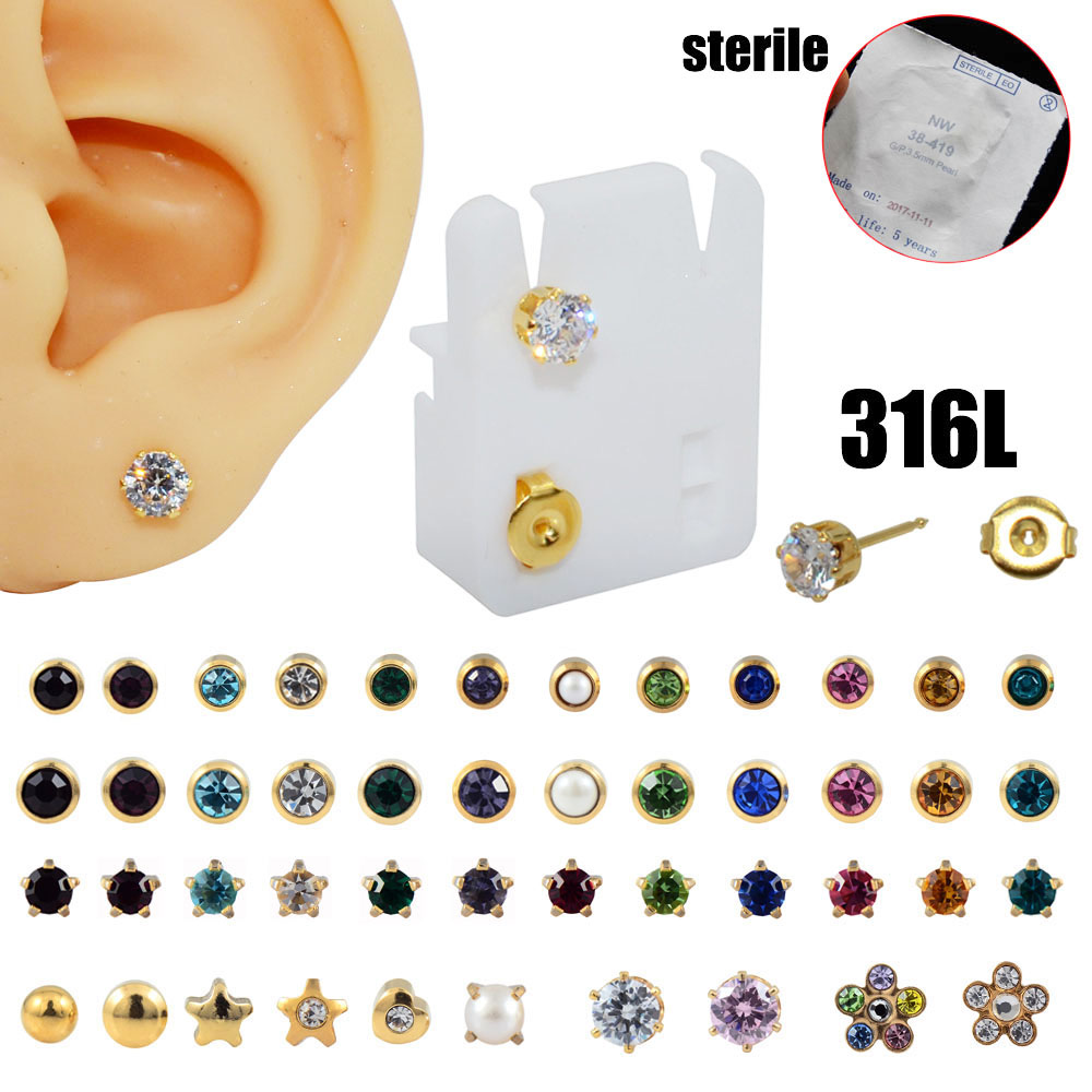 Body Jewelry Surgical Steel - Pair 24K Plated Gold Birthstone CZ