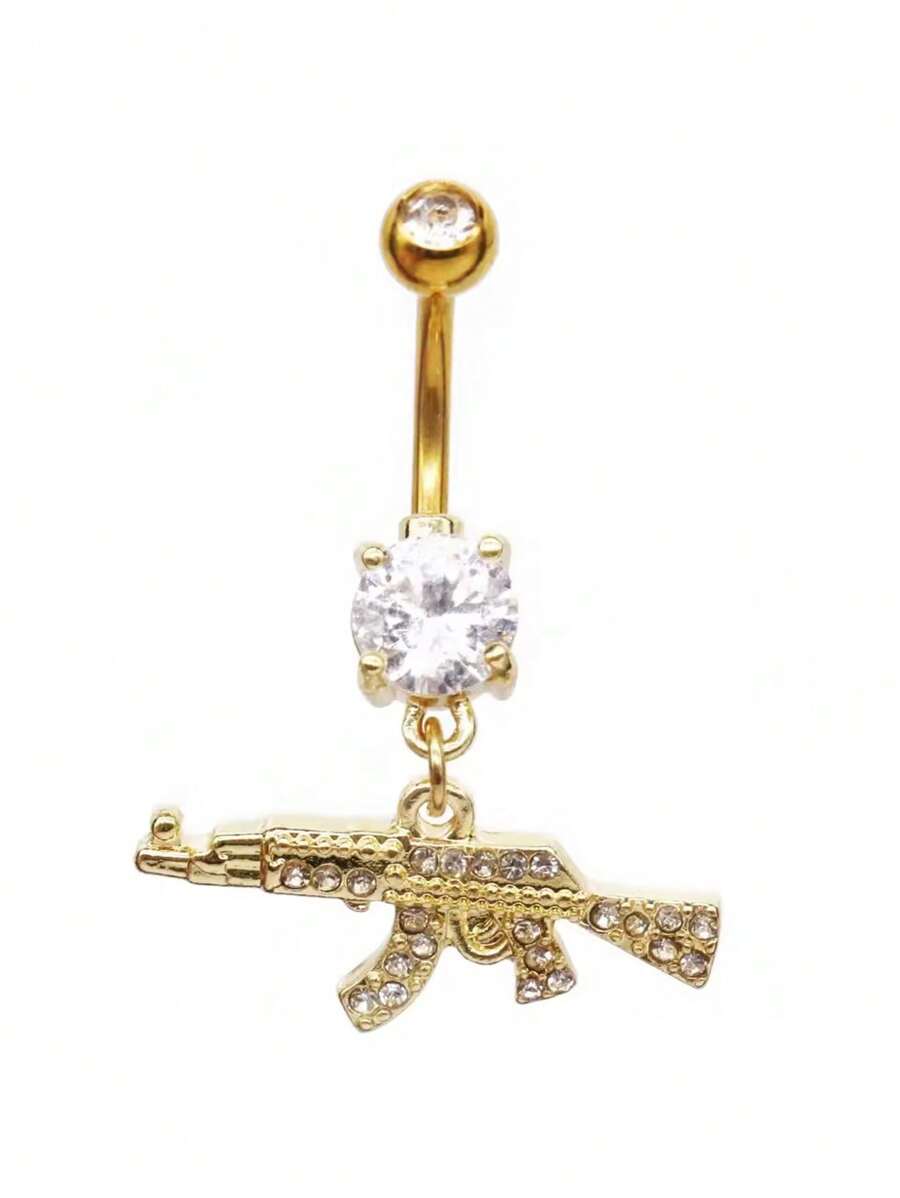 Body Jewelry Surgical Steel - Gold Tone Navel Ring Featuring Crystal-Set