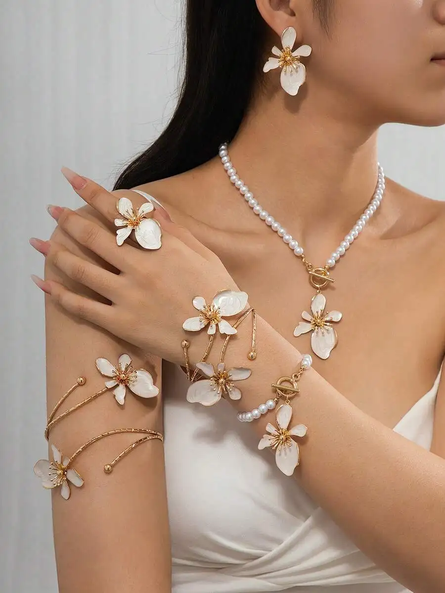 Body Jewelry Earrings - Floral Pearl Necklace Earring Ring Arm